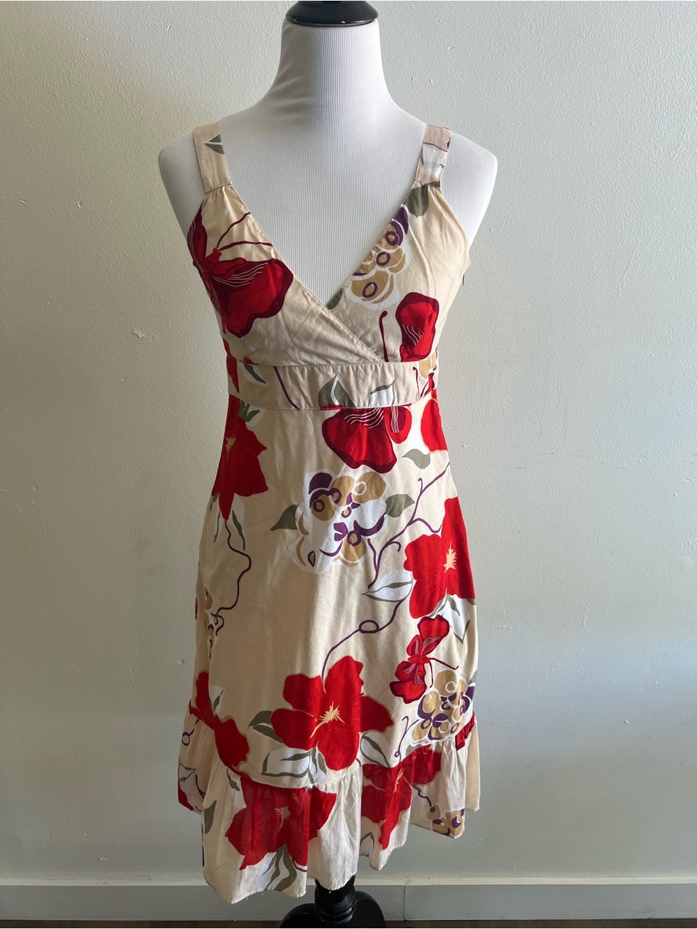 GAP Cream Midi Dress with Red Floral Print